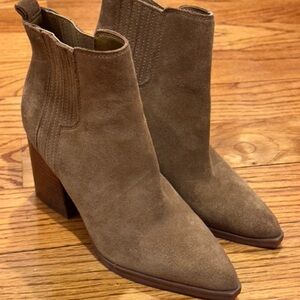 Marc Fisher Taupe Suede Pointed-Toe Block Heel Ankle Boots